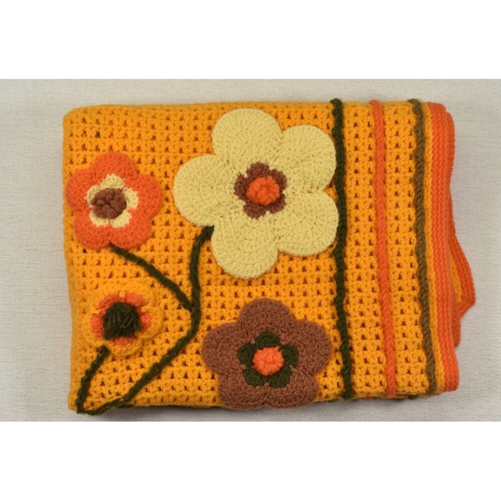 Vtg Handmade Crochet Afghan Blanket 3D Floral Granny Rectangle Orange Brown - Picture 4 of 4